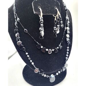 Artisan Sterling SIlver Snowflake Onyx Hematite Demi Parure Necklace Earring 16"